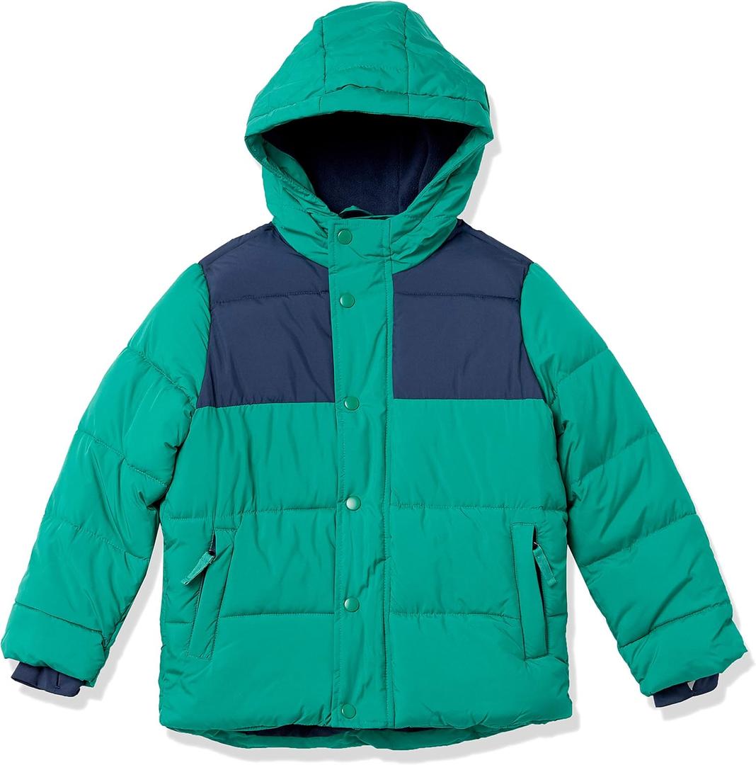 Amazon Essentials Babies, Toddlers, and Boys' Heavyweight Hooded Puffer Jacket (4T, Green Navy Color Block)