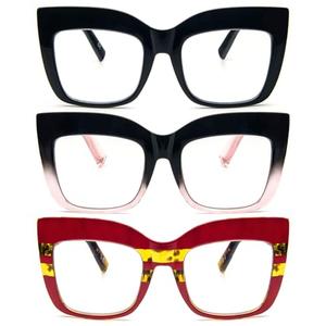 REAVEE 3 Pack Oversized Reading Glasses for Women Thick Large Frame Blue Light Blocking Stylish Computer Readers Spring Hinge,Black Pink Red 3.0