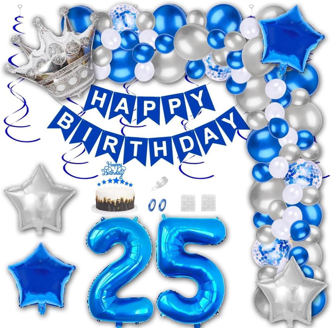 25th Birthday Party Decorations Blue Happy Birthday Banner Latex Confetti Balloons Number 25 Foil Balloon Silver Crown Star Mylar Balloon Cake Topper for Men Women Anniversary Party Supplies