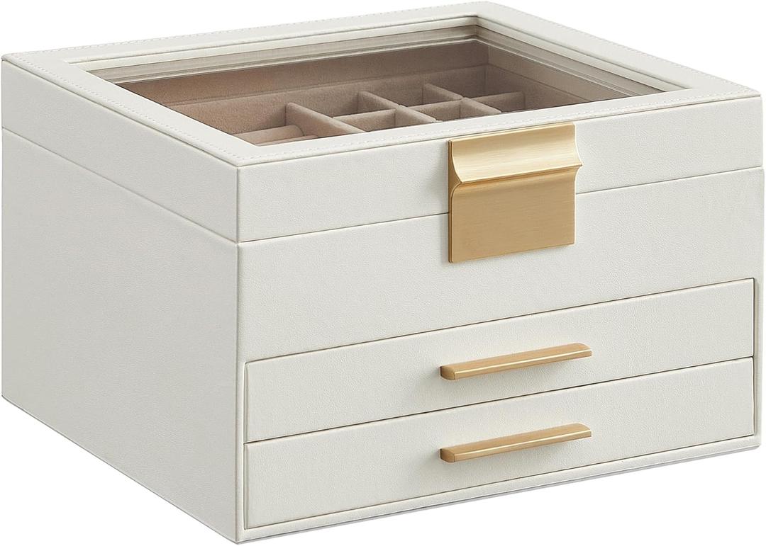 SONGMICS GISELLA Collection - Jewelry Box Organizer, 3-Layer Jewelry Storage with 2 Drawers, Shiny Metal Hardware, Glass Lid, Modern, 8 x 9.1 x 5.3 Inches, Cloud White and Gold Color 