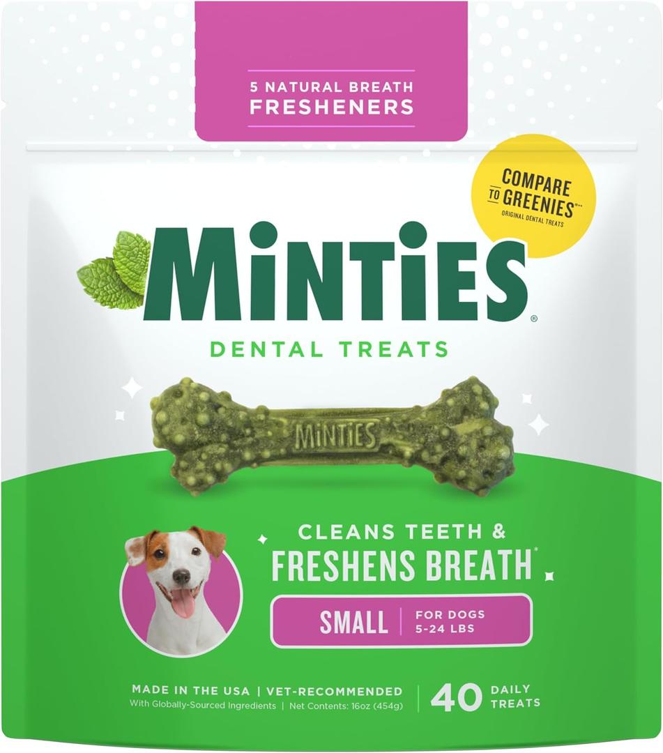 Minties Dog Dental Bone Treats, Tiny/Small Dental Dog Treats, 16 Ounces, Cleans Teeth, Fight Bad Breath, Removes Plaque and Tartar, 40 Count (EXP 03/10/28)