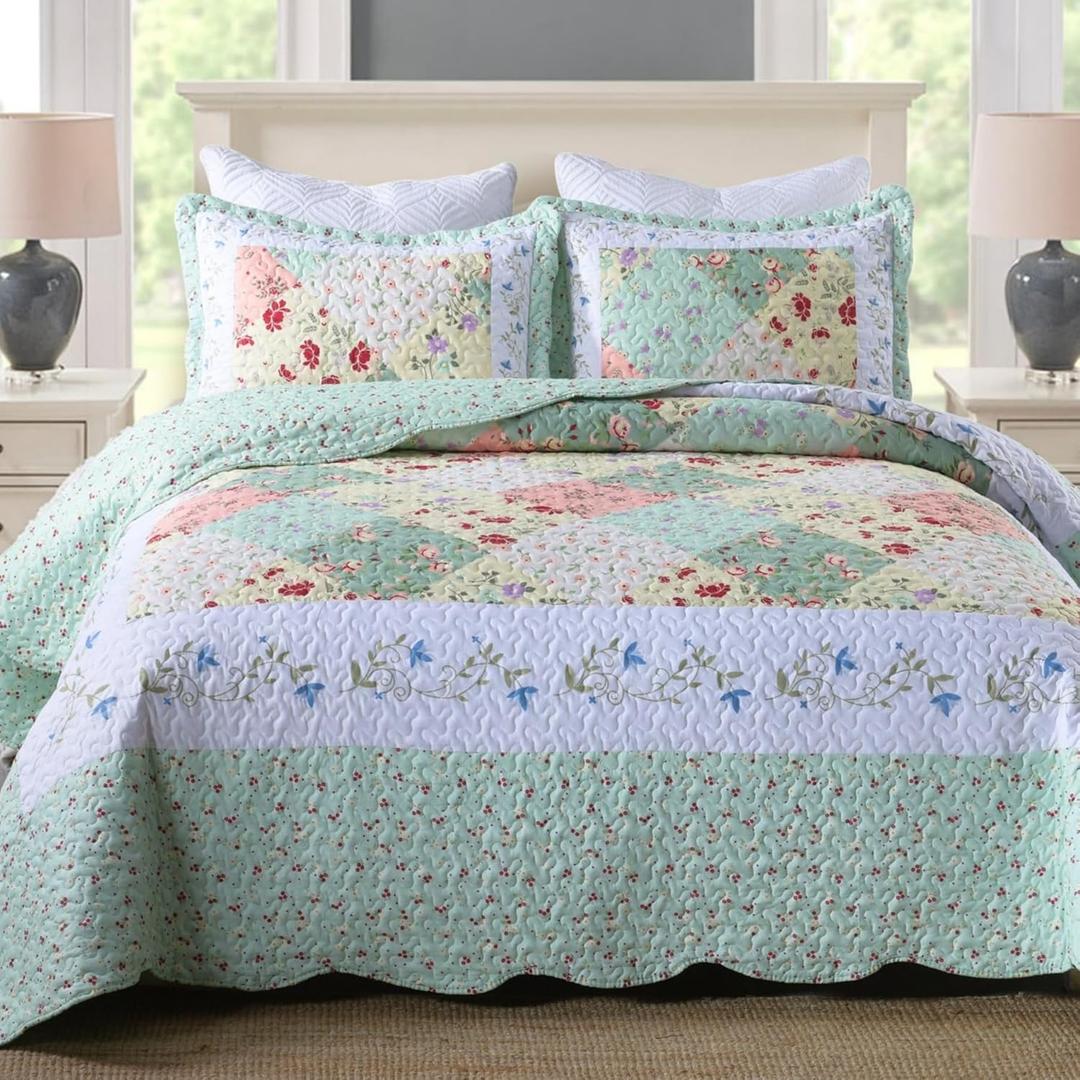MarCielo 3-Piece Floral Printed Quilt Set Lightweight Bedspread Set Coverlet Set (Romantic Green, Queen)