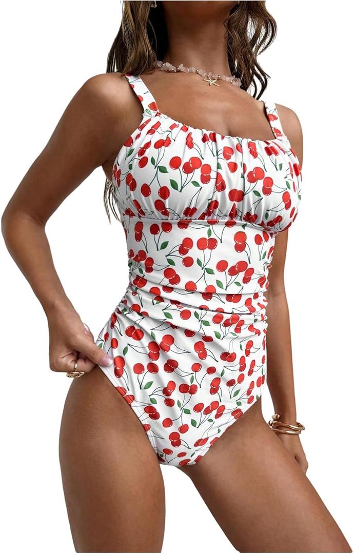 Women's Boho Floral Print One Piece Swimsuit Y2K Bathing Suits Swimwear Beachwear (Large, Red Cherry)