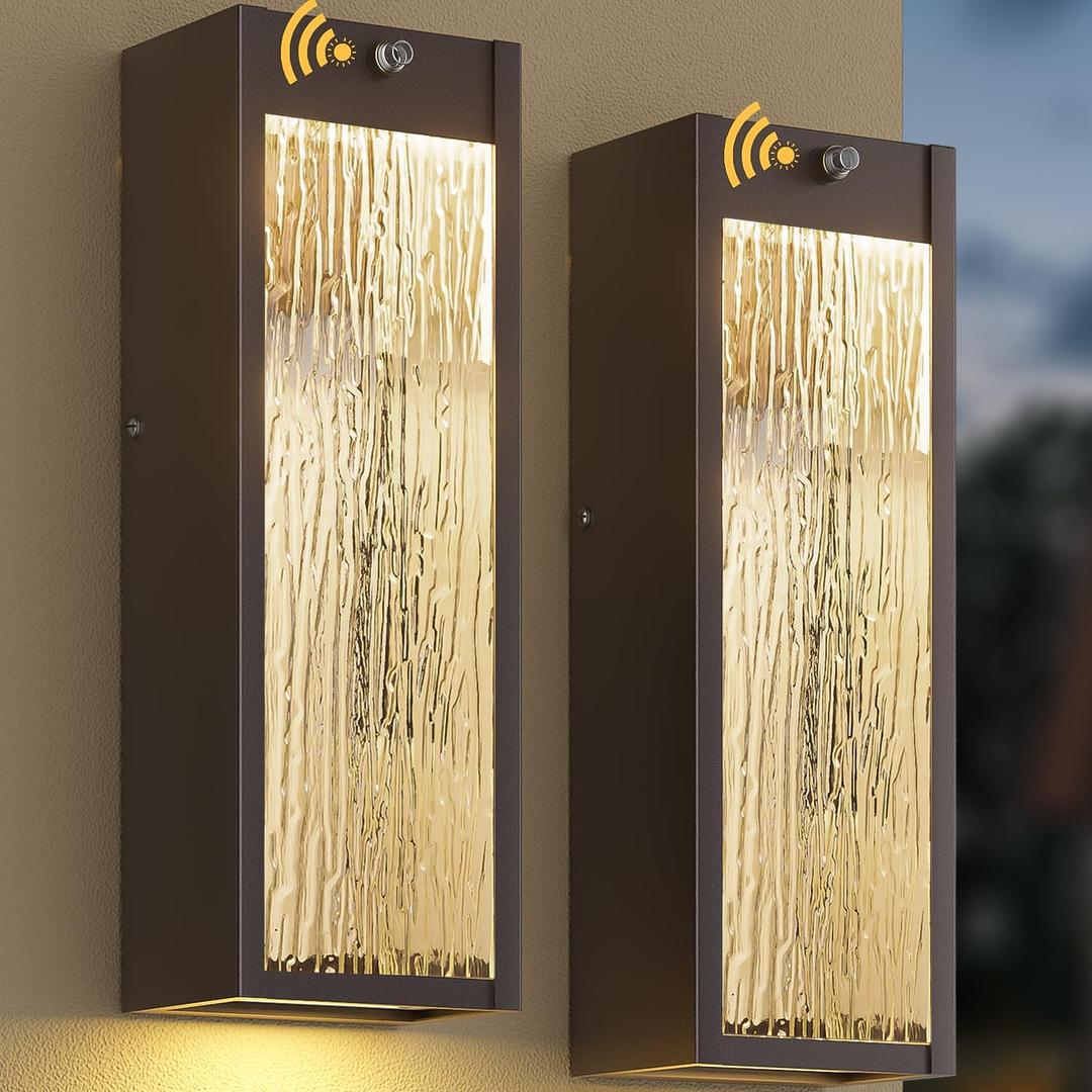 Dusk to Dawn LED Outdoor Wall Light 2 Pack, Bronze 15in Exterior Waterproof Porch Sconces, Large Modern Water Rippleed Outdoor Lighting Wall Mounted Outside Lantern for Garage Front Door