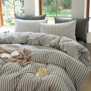Striped Duvet Cover Set King Size 3 Piece 100% Washed Cotton Linen Feel Bedding Comfy Breathable Modern Farmhouse (King, Double Stripe-White/Black)