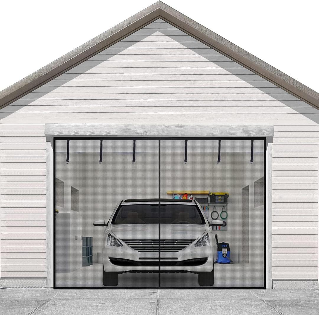 Sunolga Magnetic Garage Door Screen for 1 Car 9x7FT, Reinforced Polyester Magnetic Screen Door with 26 High Energy Magnets and 6 Strapping Tapes, Hands-Free Screen Door Mesh for Garage Door