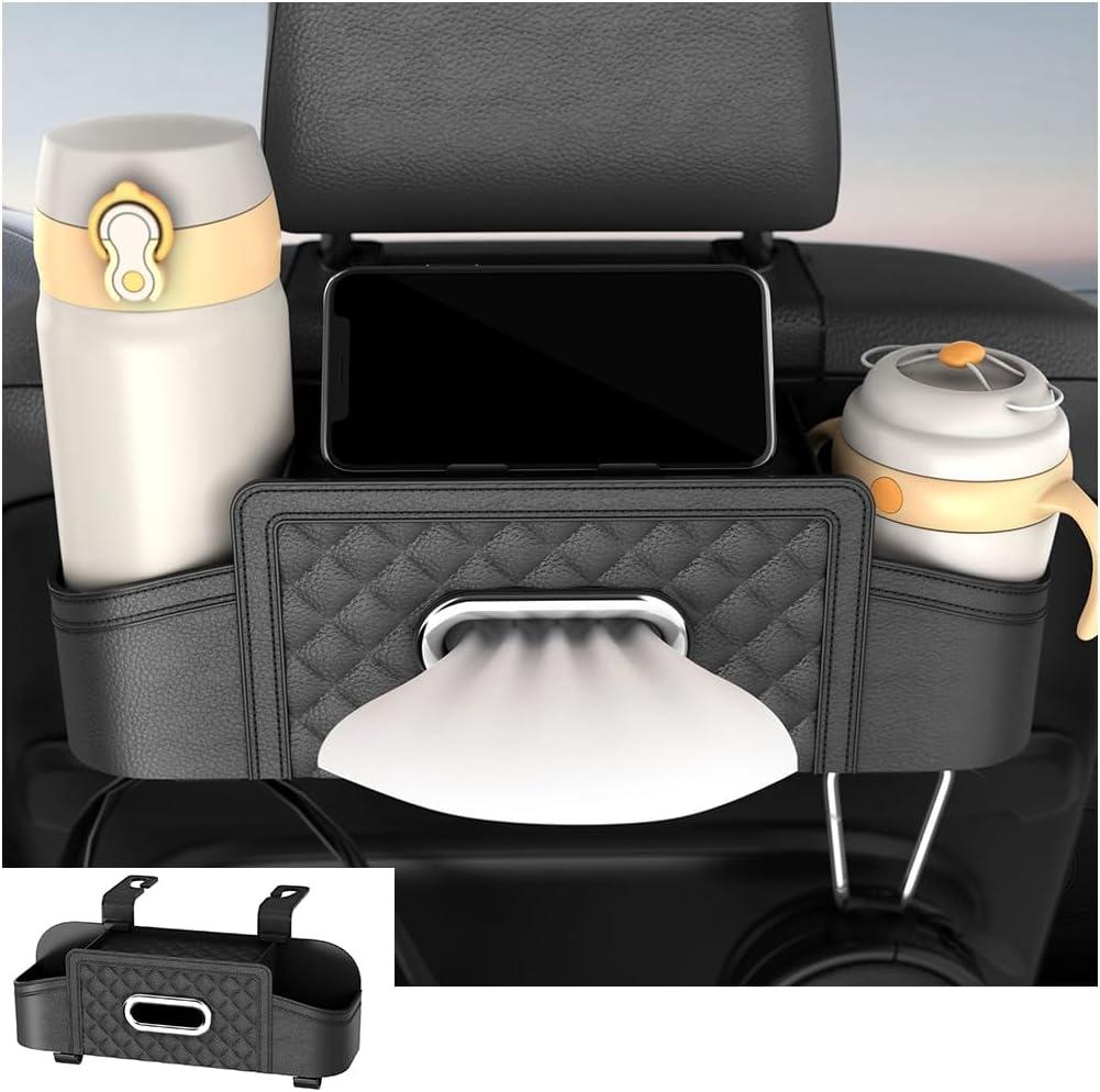Mandark Car Headrest Backseat Organizer, Multifunctional Vehicle Seat Back Storage Box with Drink Cup Holder and Hooks, Automotive Travel Accessories, Universal for SUV, Sedan, Truck (Black)