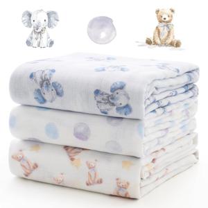 Momcozy Muslin Best Wishes Swaddle Blankets, Ultra Soft Neutral Registry Essentials, Whispering Bears & Elephants, Breathable Large 47'' x 47'' Newborn Boys Girls Receiving Blanket (Innocence)
