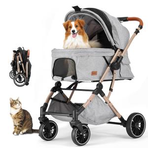 EchoSmile Small Medium Dogs Stroller 4-Wheel Pet Strollers for Medium Dogs Up to 50lbs, One Click Folding Large Cat Stroller, Reversible Handle, Shock Absorbing Wheels, Removable Washable Pad (Gray)