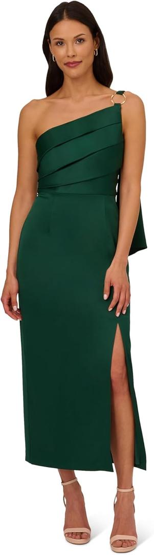 Adrianna Papell Women's Satin Crepe Dress | One Shoulder Evening Gown with Twisted Metallic Ring & Draped Bodice, Deep Forest, 14