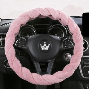 Luxury Fluffy Winter Car Steering Wheel Cover for Women Soft Warm Plush Cute Auto Accessories for Vehicle, Sedan, Universal, Fuzzy, Anti Slip, Pink, Standard Size, 14.75-15.15"