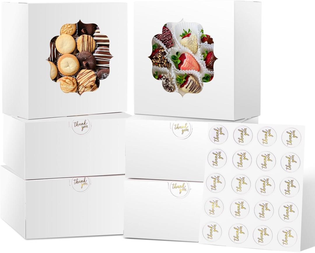 30 Pcs Bakery Boxes 6-In with Windows, Cookie Boxes White for Chocolate Covered Strawberries, Treats, Donuts, Cupcakes, and Candy Gift Giving 6x6x3 Inch
