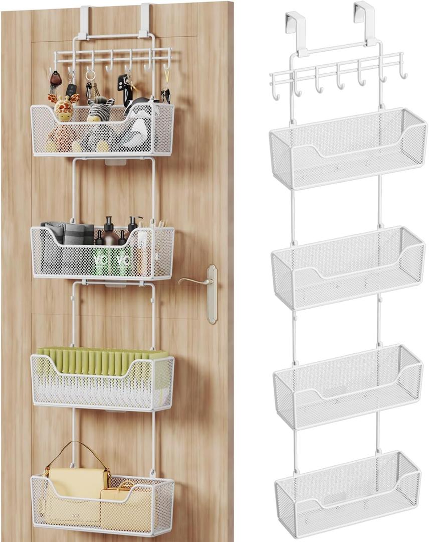 HapiRm Over Door Organizer Storage - Hanging Door Organizer with 4 Metal Large Capacity Baskets and Adjustable Coat Hook for Bathroom Bedroom Kitchen Pantry Closet Cabinet (White)