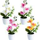 XONOR 4Pcs Artificial Orchid Flowers Mini Potted Orchid Flowers Fake Orchids with Plastic Vase for Home Office Wedding Table Centerpiece Decoration(White,Yellow,Pink,Light Pink)