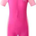 Karrack Girls and Boys One Piece Rash Guard Swimsuit Kid Water Sport Short Swimsuit UPF 50+ Sun Protection Bathing Suits (13-15 Years, Pink)