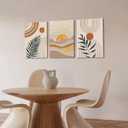 3Pcs Framed Boho Abstract Wall Art Orange Rainbow Sun Desert Minimalist Picture Mid-Century Modern Poster Prints Neutral Botanical Geometric Canvas Painting Wall Decor for Living Room 24L" x 16W"