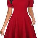 Mokayee Womens Summer Short Puff Sleeve Casual Semi-Formal Fit and Flare Church Wedding Guest Work Dresses with Pockets, Small