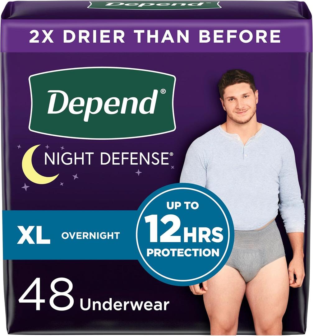 Depend Night Defense Adult Diapers, Incontinence Underwear for Men, Disposable, Overnight, Extra-Large, Grey, 48 Count (4 Packs of 12)