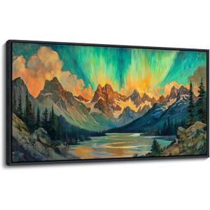 JEAWA Framed Canvas Wall Art - Large Abstract Painting Decor, Textured Mountain Lake Tree Polar Lights Pictures, Modern Art Prints for Bedroom Living Room Bathroom Home Decoration, 29x58 IN