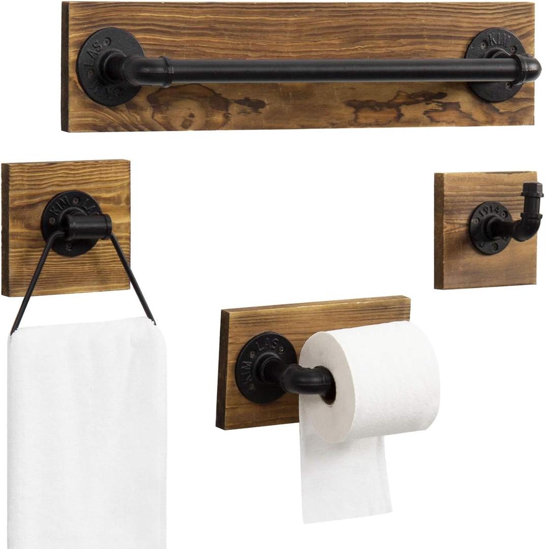 MyGift 4-Piece Bathroom Hardware Set Toilet Paper Holder with Burnt Wood and Industrial Matte Black Metal Pipe Includes, Towel Ring, Towel Bar and and Robe Hook