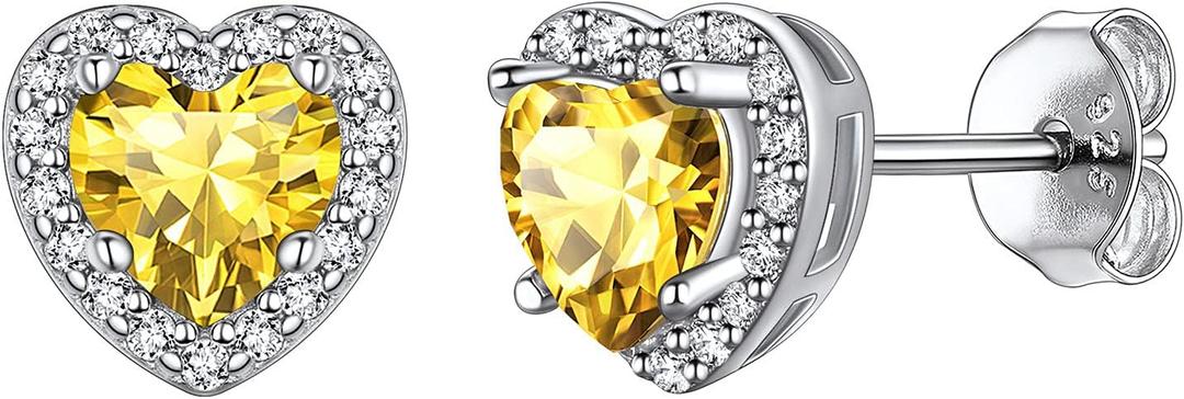 Suplight 925 Sterling Silver Birthstone Earrings Stud Round/Heart/Teardrop/Square Crystal Earrings for Women, Diamond Silver Earrings Dainty Gifts for Women Birthday Unique Minimalist Jewelry (style b-11. heart-November(Created Citrine))
