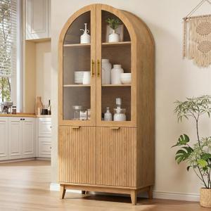 Pamapic 71" Tall Arched Cabinet, Fluted Kitchen Pantry with Glass Doors & Adjustable Shelves, Arch China Storage Cabinet, Wooden Pantry for Dining Room, Living Room (Natural)