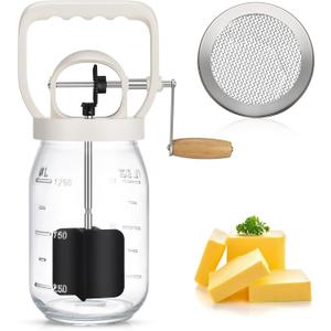 CAROD Classical Butter Churner, 1.5L Glass Jar with Hand Injury Prevention Device & Sifting Lid, 50oz Hand Crank Jar Maker Creates Fresh Homemade Butter within 15 Min, Ideal DIY Kitchen Gift (Silver)