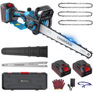 DocSmart Chainsaw Cordless 12 Inch, Electric Chain Saw with 2*4000mAh Rechargeable Batteries, Powerful Handheld Saw for Tree Trimming Wood Cutting, Perfect Gardening Tools for Thick Branches and Logs
