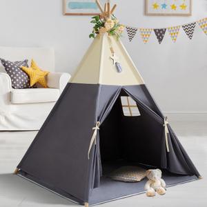RONGFA Teepee Tent for Kids, 100% Cotton Play Tent with Mat, Kids Teepee Tent with Colored Flag, Quality Portable Play Tent with Carry Bag for Girls and Boys Indoor Outdoor (Beige Gray with Mat)
