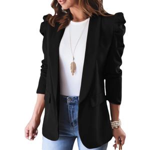 KIRUNDO Women's 2026 Spring Fall Casual Blazers Puff Sleeve Lapel Open Front Work Suit Office Blazer Jackets with Pockets (Black, XL)