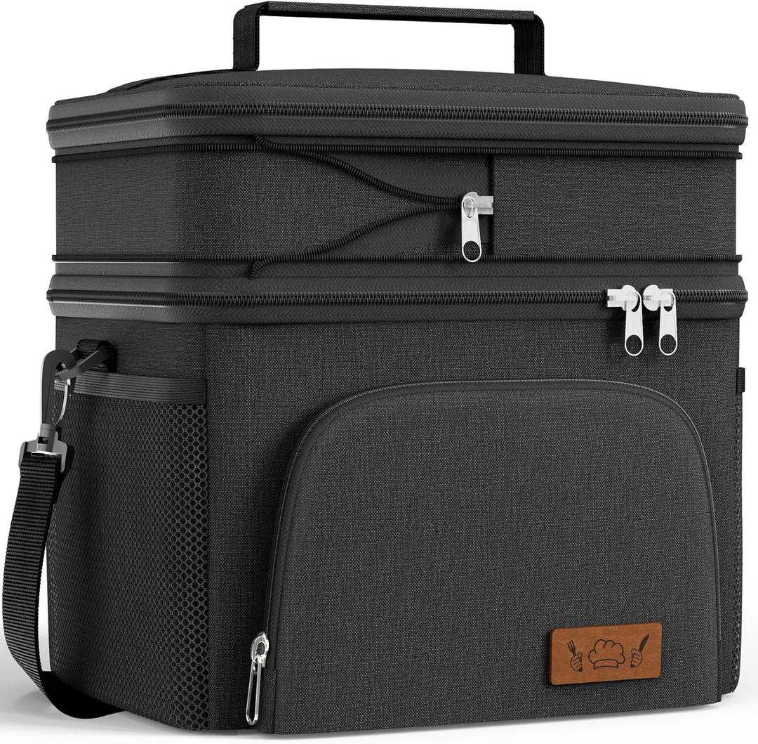 HOTOR Insulated Lunch Box for Men & Women - Leak-Proof Cooler Lunch Bag with 4 Pockets, Adjustable Strap, Ideal for Work, Picnic, Travel - Black, 2 Layers, Large, 11.81"7.87"13.39"