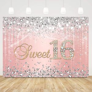 Sensfun Sweet 16 Birthday Backdrop Rose Gold Princess Sweet Sixteen Photography Background Silver Diamond Bokeh Glitter Spots Pink Girls Happy 16th Birthday Party Decorations Cake Table Banner 7x5ft