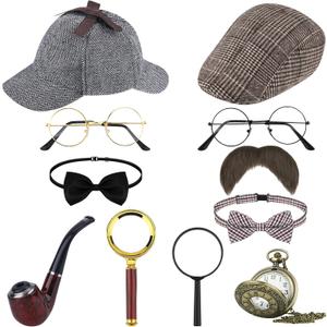 11 PCS Detective Costume Accessories for Kids Detective Hat Magnifying Glass Glasses Fake Mustache Bow Tie Pocket Watch (Type A)