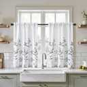 HOMEIDEAS Kitchen Curtains, Short Non-See-Through Privacy 30X36 Inch Length Tier Curtains, Grey and White Leaf Floral Printed Light Filtering Semi Sheer Small Window Drapes for Bathroom Cafe, 2 Panels