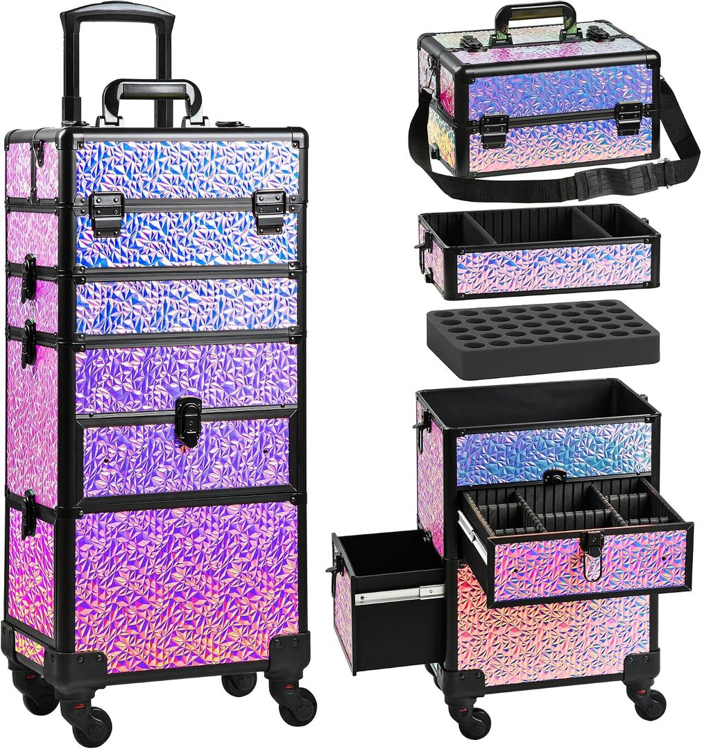 Makeup Train Case with Drawer, Rolling Makeup Case, Cosmetology Case on Wheels, Gift, Large Makeup Case Organizers, Professional for Salon Barber, Nail, Tattoo, Black Colourful