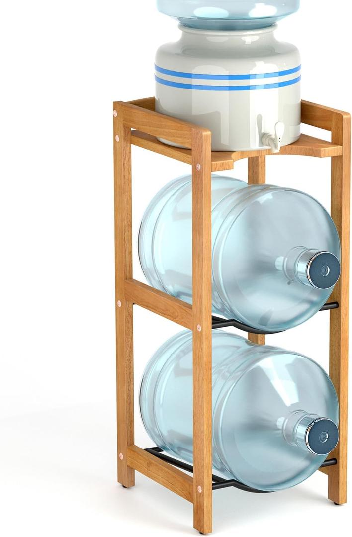 5 Gallon Water Jug Holder with Top Shelves, Natural Solid Wood Water Dispenser Stand 31"H, 3-Tiers 5 Gallon Water Jug Stand, Water Cooler Jug Rack, 5 Gallon Water Bottle Holder with 2 Slot & Top Shelf