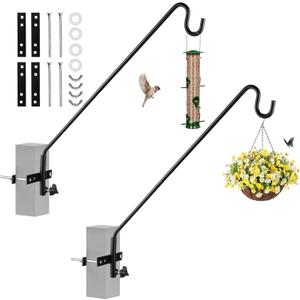 2 Packs Extended Fence Deck Heavy Duty Bird Feeder Hook, 360 Degree Rotary and Length Adjustable Plant Bracket for Bird Feeders Planters Suet Baskets Lanterns Wind Chimes and More