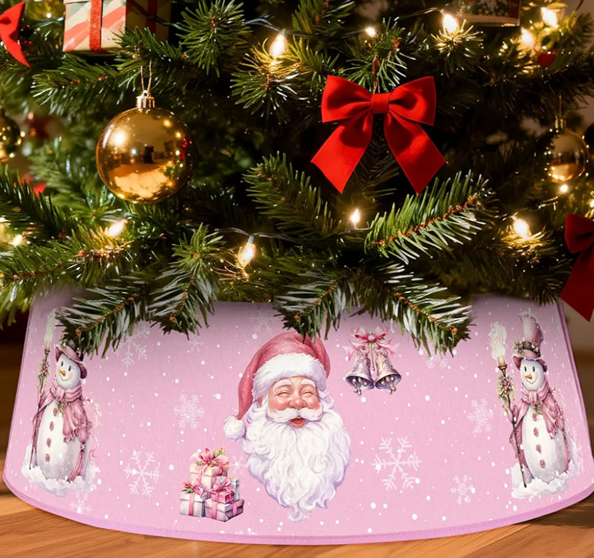 Motionchic Christmas Tree Collar 30'' Pink Santa Claus Christmas Tree Skirt Stand Base Cover Xmas Base Collar Ring Xmas Decoration Stand Skirt for 6 ft - 12 ft Foldable Holiday Winter Party Decor