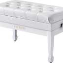 Adjustable Duet Piano Bench with Storage, Heavy Duty Solid Wood Double Piano Stool Keyboard Bench Seat with PU Leather Padded Cushion (White)