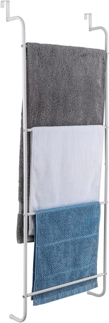 MyGift 4 Tier Over The Door Towel Rack, Bathroom Towel Holder Ladder, Space Saving Over Shower Door Drying Rack for Towels & Blankets, White Metal