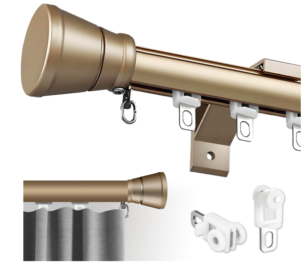 Single Curtain Track for Windows, 2.5m(8.2ft) Wall Mounted Heavy Duty Decorative Curtain rail with End Caps, Aluminum Brackets, Silent Wheels Easy to Install for Bedroom Living Room（Gold）