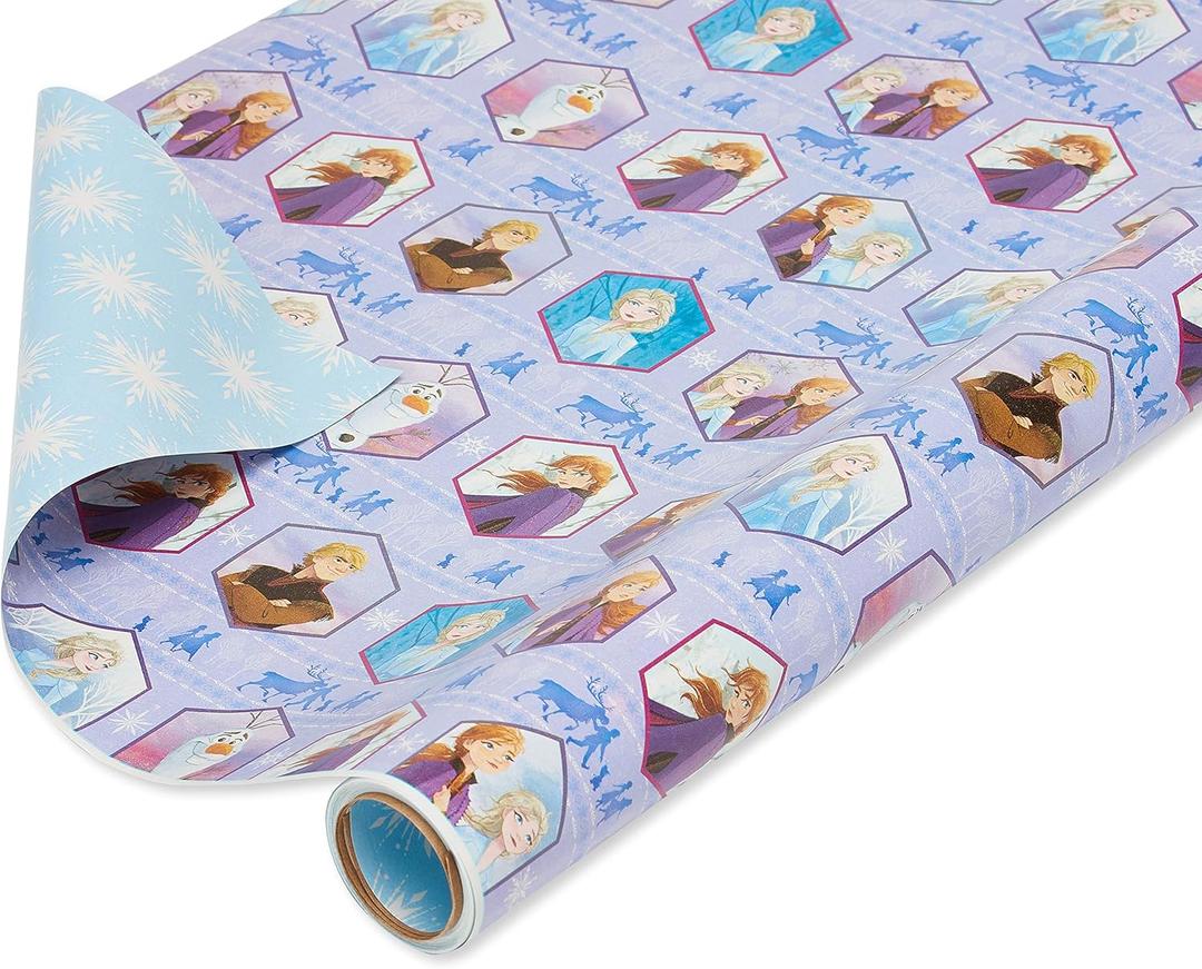 American Greetings Disney Frozen Wrapping Paper Roll for Christmas, Birthdays, or Any Occasion, Elsa and Anna Holiday Gift Wrap (75 sq. ft., 1 Reversible Roll) Light Blue and Purple, Olaf, Kristoff