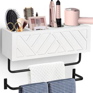Hair Tool Organizer Wall Mount, Hair Dryer Holder with 2 Towel Bars, Wood Hot Tools Organizer, Rustic Bathroom Organizer Blow Dryer Holder for Bathroom Decor, Flat Iron, Curling Wand, Brushes(White)