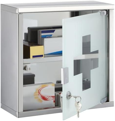Timgle First Aid Wall Cabinet with Lock Medicine Wall Mounted Bathroom Storage Hanging Medical Cabinet with Safety Glass Door for Bathroom(2 Shelves,Silver)