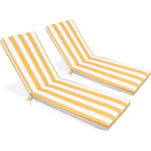 Outdoor Chaise Lounge Chair Cushions 2 Pack, Thick Waterproof Patio Pool Lounge Cushions, Fade Resistant, (Yellow & White Stripe), 74 inches x 24 inches x 2.7 inches
