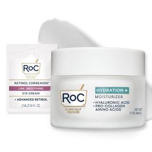 RoC Hydration+ Hyaluronic Acid Moisturizer Face Cream Fragrance Free Sensitive Face Moisturizer with Collagen Proteins 1.7 Ounces with Retinol Eye Cream Packette