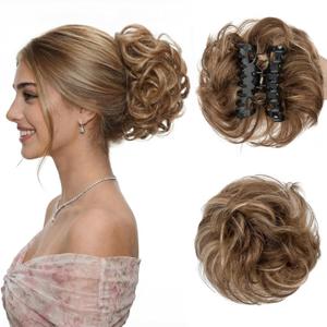 SEGO SEGOHAIR Claw Clip Messy Bun Hair Piece Human Hair 42g Tousled Updo Wavy Curly Bun Hair Extensions Clip in Claw Chignon Ponytail Hairpieces for Women (#4P27 Medium Brown mixed Dark Blonde)