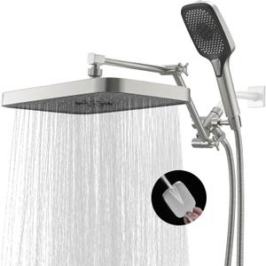 Jcrob High Pressure Wide Rain Shower Head with Handheld Spray Combo, 14 Inch Rainfall Shower Heads with Adjustable Extention Arm, Dual Waterfall Showerhead with 3-Way Diverter(Brushed Nickel)