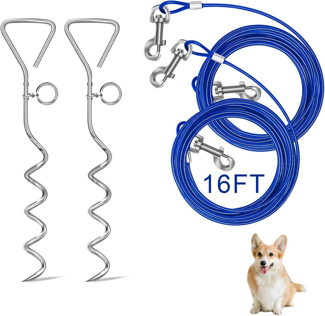Relux Dog Tie Out Cable and Stake,16 Inch Heavy Duty Dog Anchor Spiral Stake for Small to Medium Dogs (Blue-16FT 2Pack)