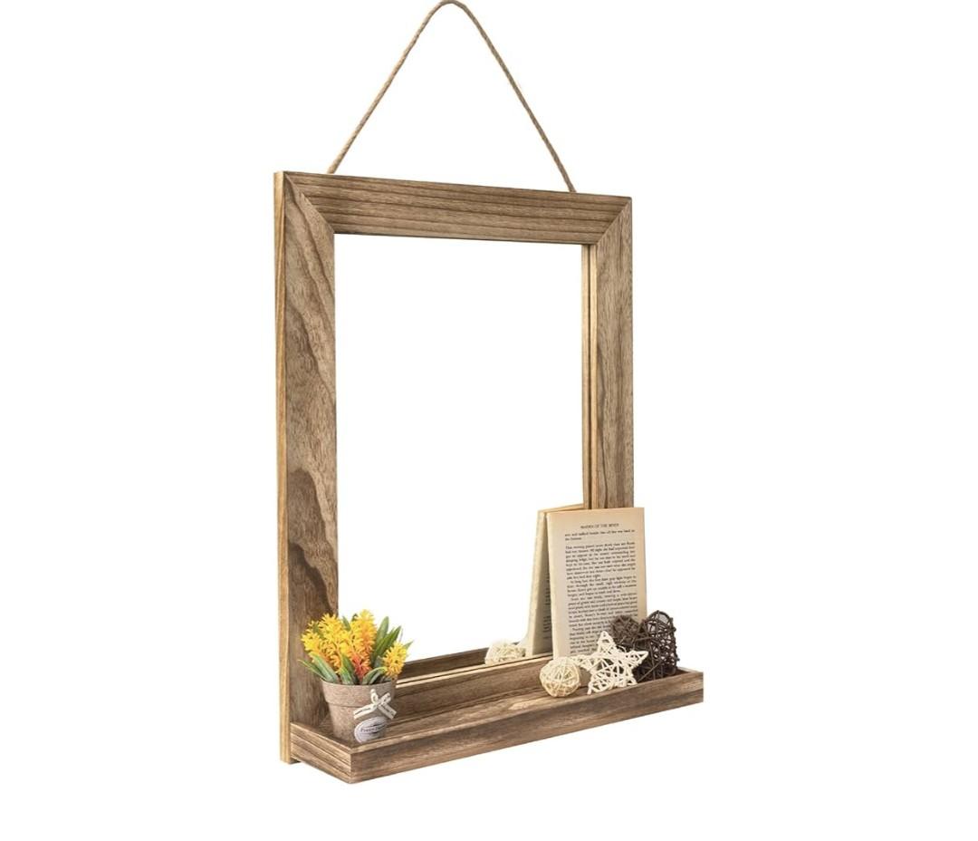 Emfogo Wall Mirror with Shelf, 20 x 16 inch Farmhouse Decor Wall Mirror Hanging for Bathroom, Vanity, Bedroom, Entryway, Living Room (Rustic Brown)